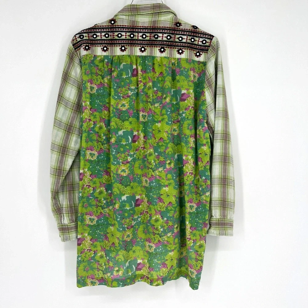 Artisan de Luxe Top Womens S‎ Free People Floral Green Plaid Boho Hippie Flannel
